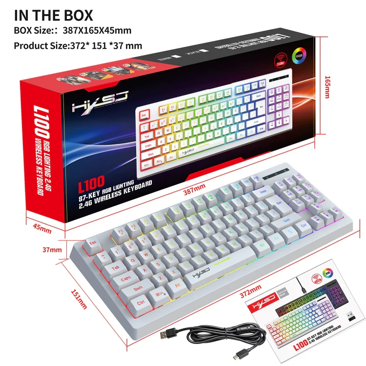 HXSJ L100 87 Keys RGB Backlit Film 2.4G Wireless Keyboard(White) - Image 7