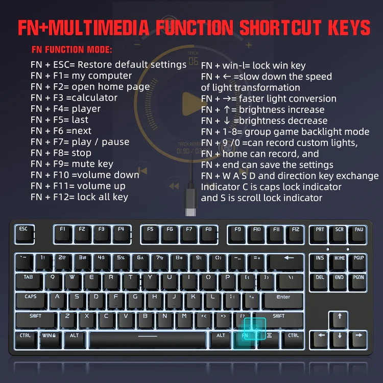 HXSJ L600 87 Keys USB-C / Type-C Wired Red Shaft Mechanical Keyboard with Cool Backlight(White) - Image 11
