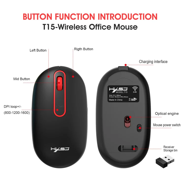 HXSJ T15 2.4GHz 4 Keys Wireless Mute Mouse(Black) - Image 5