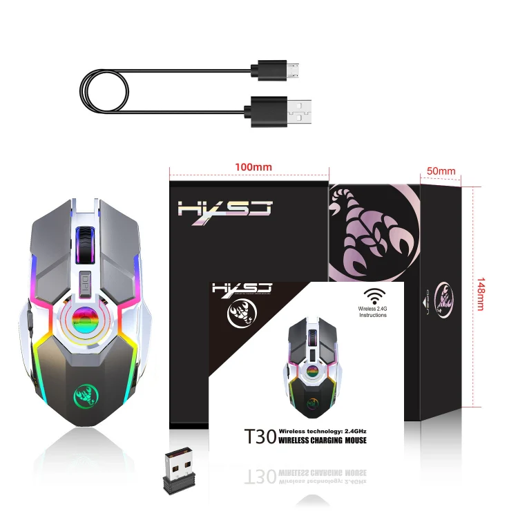 HXSJ T30 2400DPI RGB 2.4GHz Wireless Mouse(Metallic Grey) - Image 3