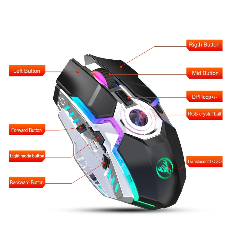HXSJ T30 2400DPI RGB 2.4GHz Wireless Mouse(Metallic Grey) - Image 5