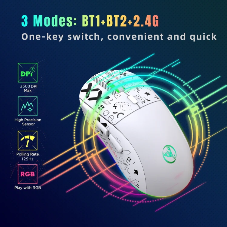 HXSJ T90 RGB Light Three-mode Wireless Gaming Mouse(White) - Image 9