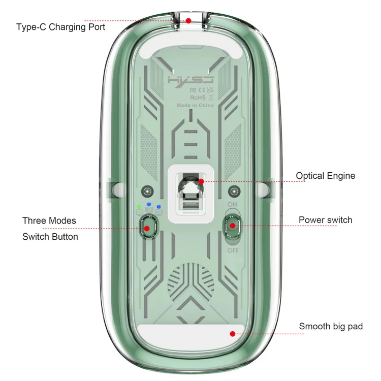 HXSJ T900 Transparent Magnet Three-mode Wireless Gaming Mouse(Grey) - Image 4