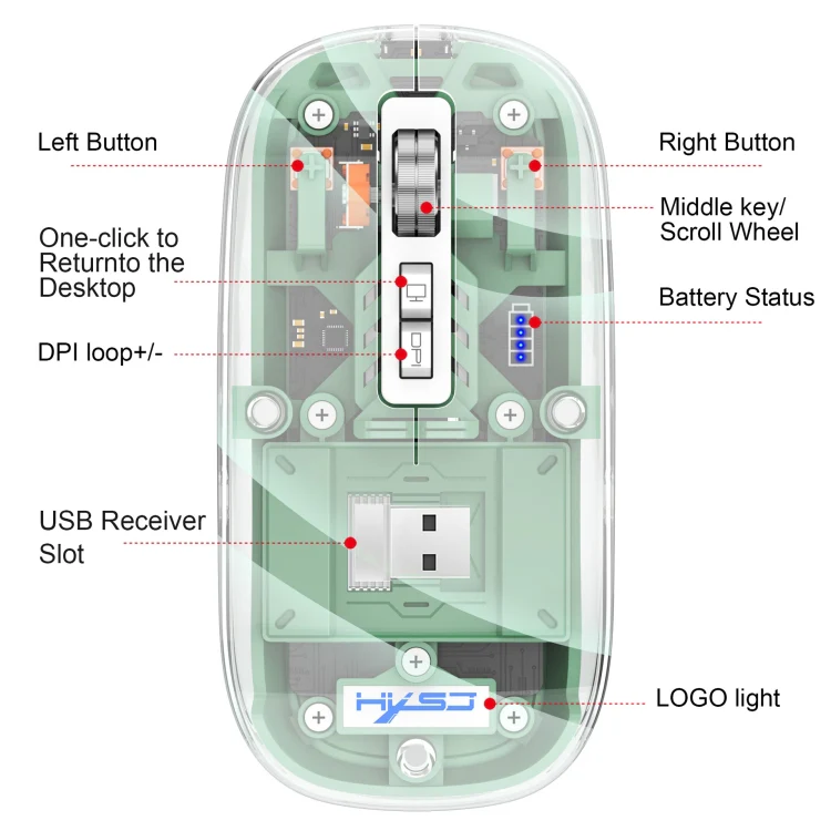 HXSJ T900 Transparent Magnet Three-mode Wireless Gaming Mouse(Orange) - Image 5