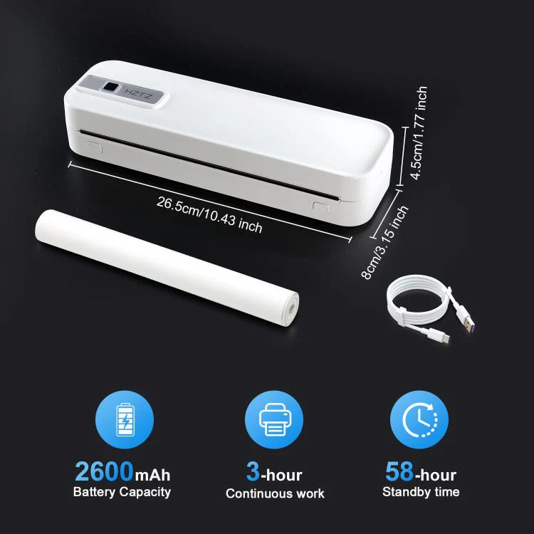 HZTZ A4RJ 200dpi Wireless Rechargeable Thermal Printer Supports 2-inch to 8.5-inch Paper for PDF, Files, Images, and Tattoo Paper White - Image 10