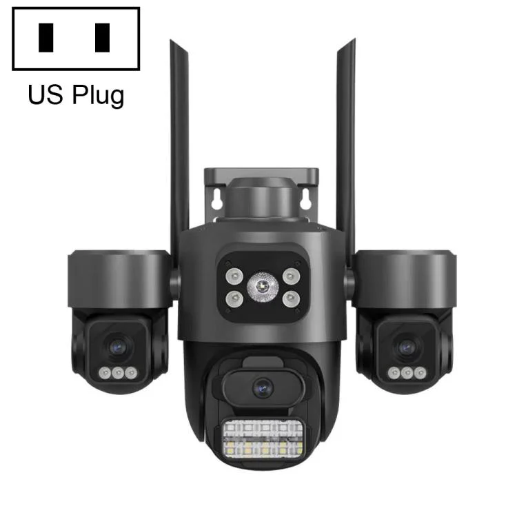 ICSee Triple-Lens 3MP Wireless WiFi Security Camera, Three-Screen Panoramic PTZ IP Camera with Full-Color Night Vision, Power Plug:US Plug(Black)
