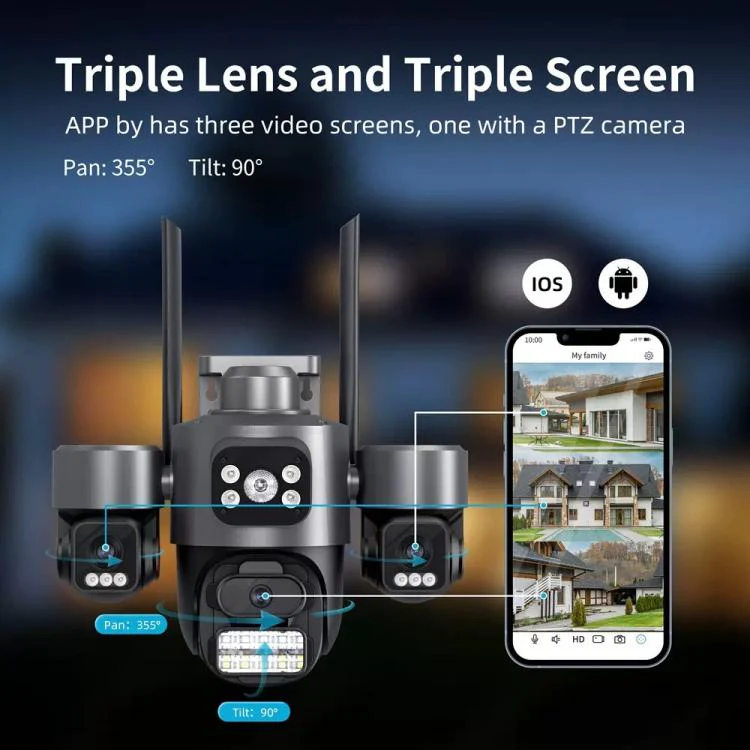 ICSee Triple-Lens 3MP Wireless WiFi Security Camera, Three-Screen Panoramic PTZ IP Camera with Full-Color Night Vision, Power Plug:US Plug(Black) - Image 3