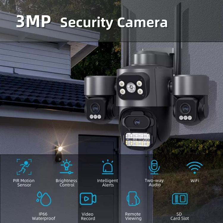 ICSee Triple-Lens 3MP Wireless WiFi Security Camera, Three-Screen Panoramic PTZ IP Camera with Full-Color Night Vision, Power Plug:US Plug(Black) - Image 4