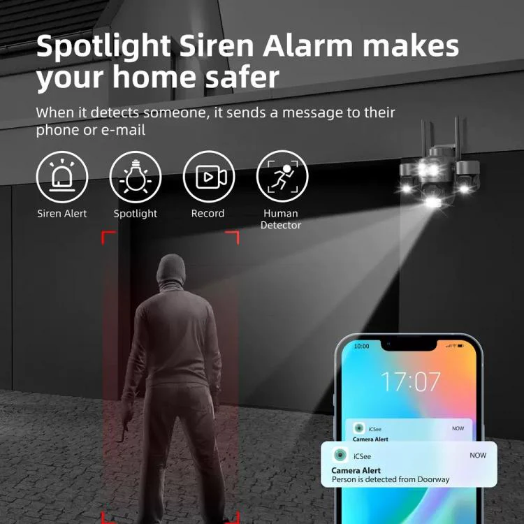 ICSee Triple-Lens 3MP Wireless WiFi Security Camera, Three-Screen Panoramic PTZ IP Camera with Full-Color Night Vision, Power Plug:US Plug(Black) - Image 5