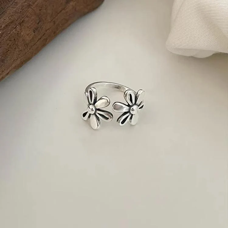 J2482 Vintage Daisy Flower 925 Sterling Silver Open Rings Adjustable Retro Finger Ring Jewelry - Image 2