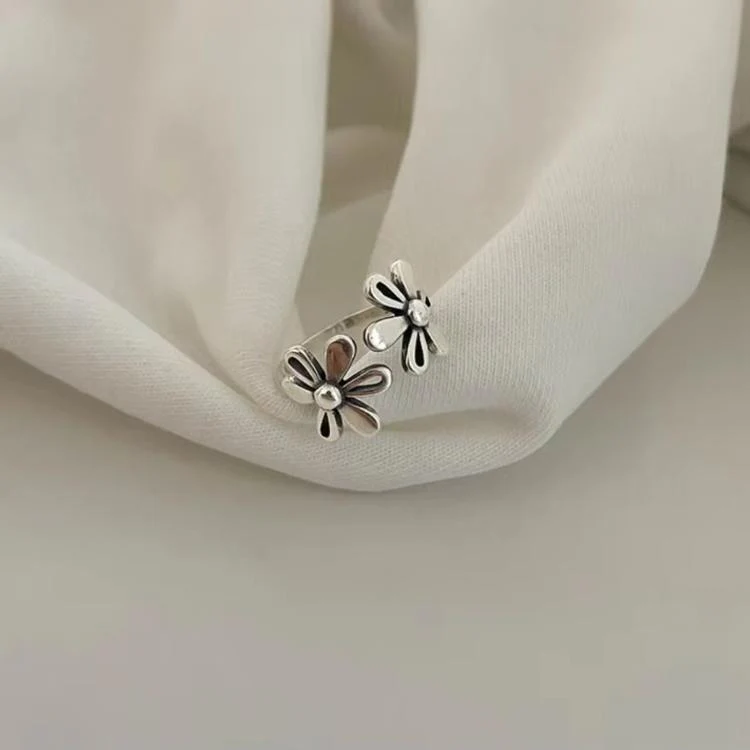J2482 Vintage Daisy Flower 925 Sterling Silver Open Rings Adjustable Retro Finger Ring Jewelry - Image 3