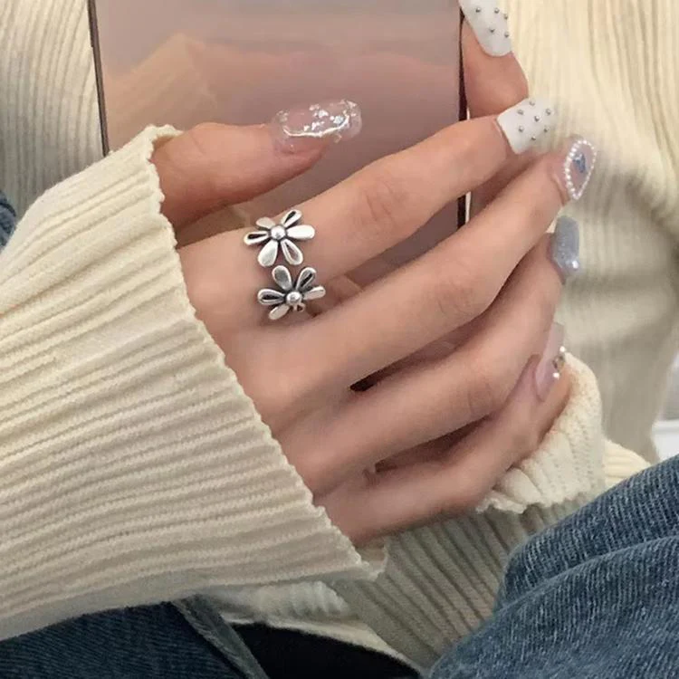 J2482 Vintage Daisy Flower 925 Sterling Silver Open Rings Adjustable Retro Finger Ring Jewelry - Image 4