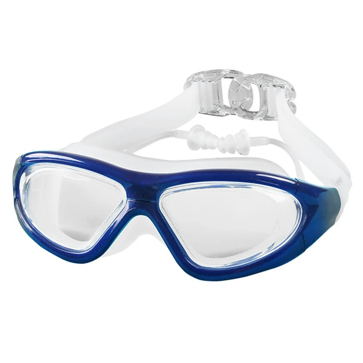 J8150 Eye Protection Flat Light Adult waterproof Anti-fog Big Frame Swimming Goggles with Earplugs(Transparent Blue) - Image 2