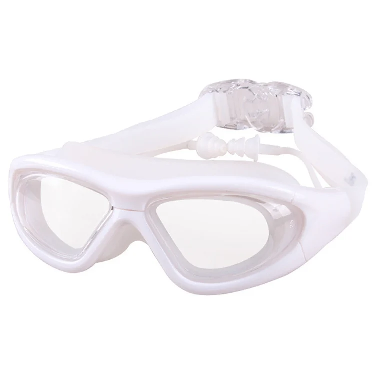 J8150 Eye Protection Flat Light Adult waterproof Anti-fog Big Frame Swimming Goggles with Earplugs(Transparent White) - Image 2