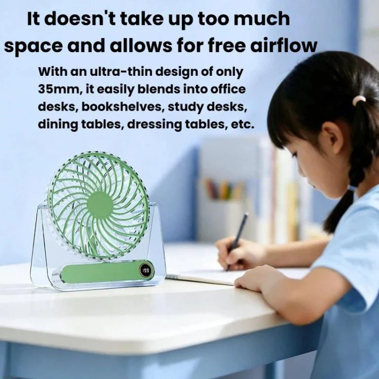 JP-08 Ultra-Thin Desktop Mini Fan Quiet Transparent Digital Display Fan For Office Desk(Green) - Image 3