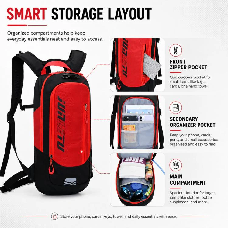 JUNLETU Hiking Trail Running Mountaineering Backpack Running Fitness Outdoor Cycling Hydration Pack(Black Red) - Image 7