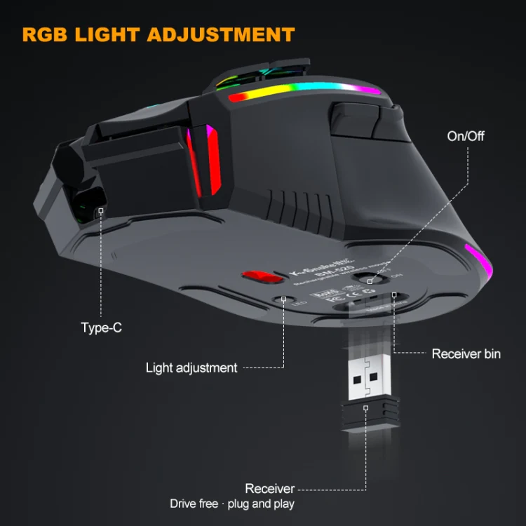 K-Snake BM520  9-button 3200DPI 2.4G RGB Wireless Dual-mode Gaming Mouse(Black) - Image 5