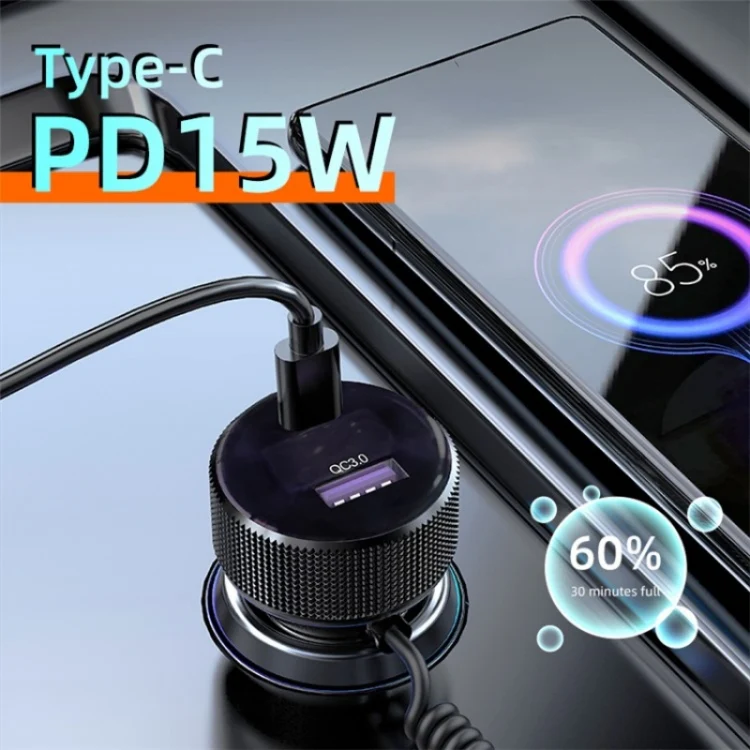 K18A PD 30W Retractable Type-C Cable USB+Type-C Dual Port Aluminum Alloy Car Charger - Image 3