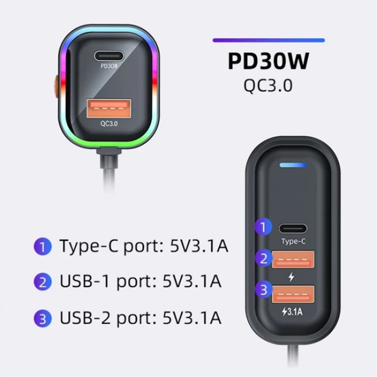 K5 3 USB Fast Charging Car Charger 66W Extension Cord Design 5 Ports Charging Adapter - Image 7