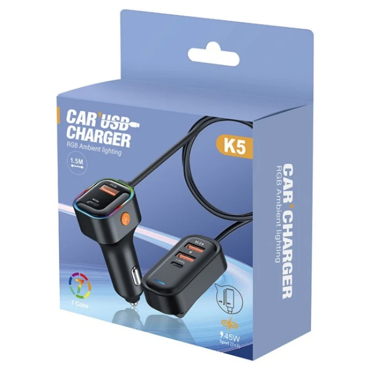 K5 3 USB Fast Charging Car Charger 66W Extension Cord Design 5 Ports Charging Adapter - Image 8