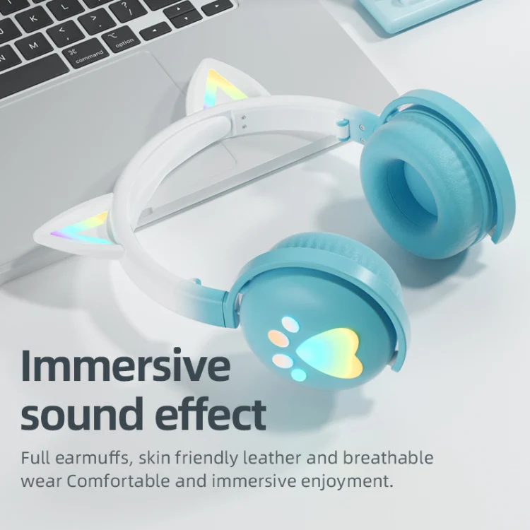 KE28 RGB Cute Cat Ears Bluetooth Wireless Music Headset with Detachable Mic(Blue) - Image 7