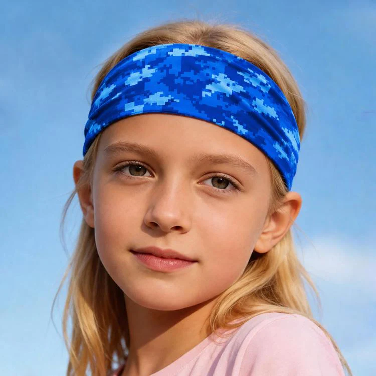 Kids Sweat-Wicking Quick-Dry Headband Milk Silk Widened Sports Running Hair Band(Camouflage Blue)