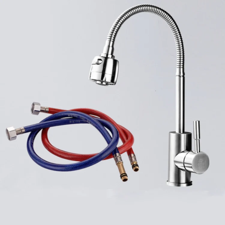 Kitchen Faucet Anti-splash Head Wash Basin Sink Universal Rotatable Faucet Full Copper Joint, Style:304 Hot & Cold+60cm Tube