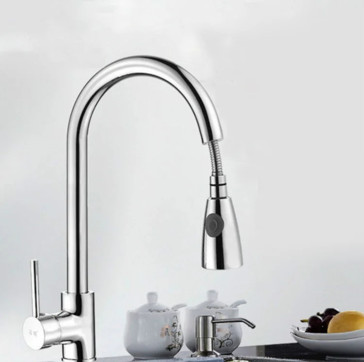 Kitchen Pull-out Faucet Hot And Cold Home 304 Stainless Steel Retractable Rotating Faucet, Style:Electroplated Copper - Image 2