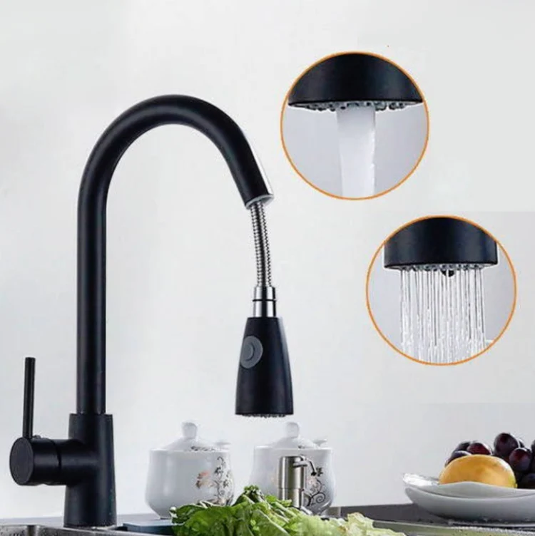 Kitchen Pull-out Faucet Hot And Cold Home 304 Stainless Steel Retractable Rotating Faucet, Style:Stainless Steel Black