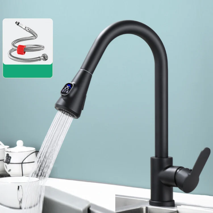 Kitchen Pull-out Universal Telescopic Hot & Cold Water Faucet, Specification: Copper Digital Display Black