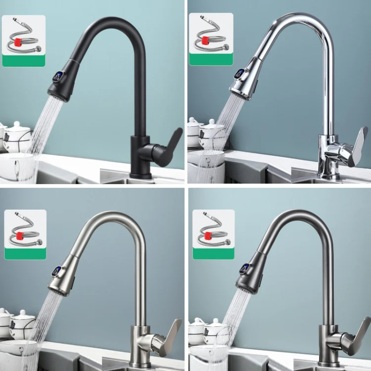 Kitchen Pull-out Universal Telescopic Hot & Cold Water Faucet, Specification: Copper Digital Display Gray - Image 2
