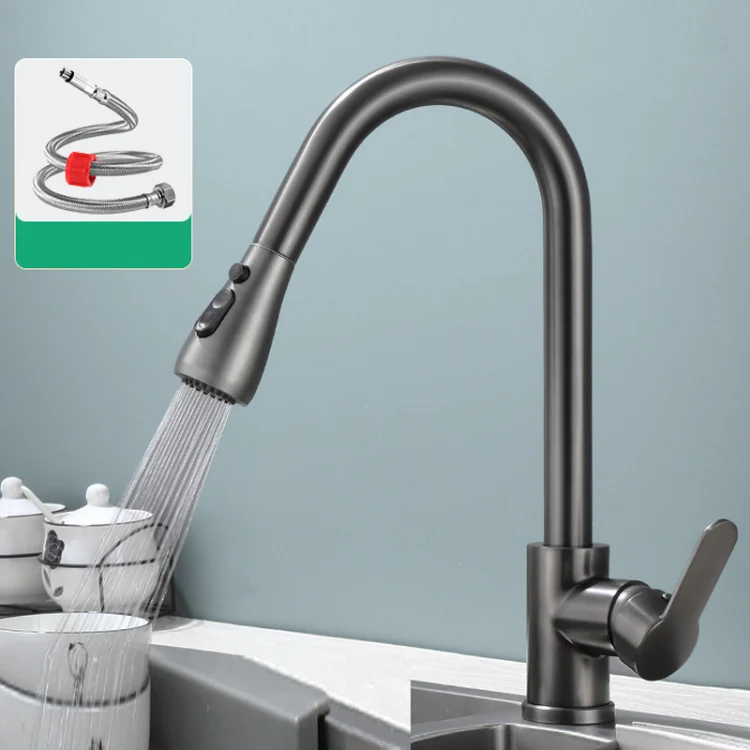 Kitchen Pull-out Universal Telescopic Hot & Cold Water Faucet, Specification: Copper Gray Plated