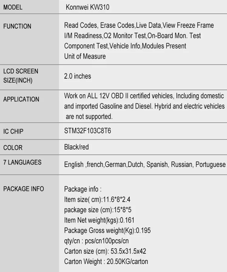 KONNWEI KW310 OBD Car Fault Detector Code Reader ELM327 OBD2 Scanner Diagnostic Tool(Black) - Image 17