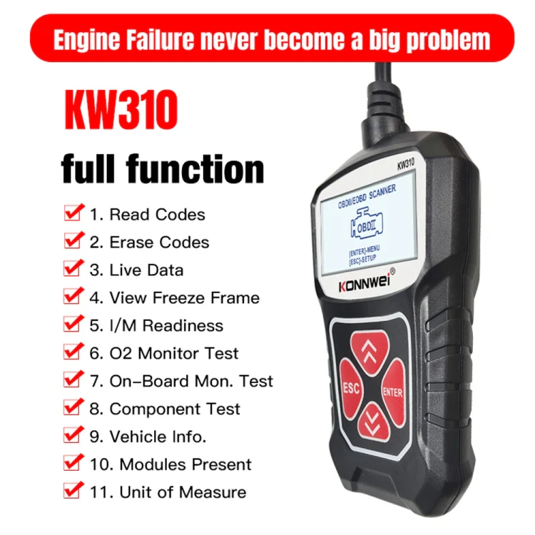 KONNWEI KW310 OBD Car Fault Detector Code Reader ELM327 OBD2 Scanner Diagnostic Tool(Black) - Image 9