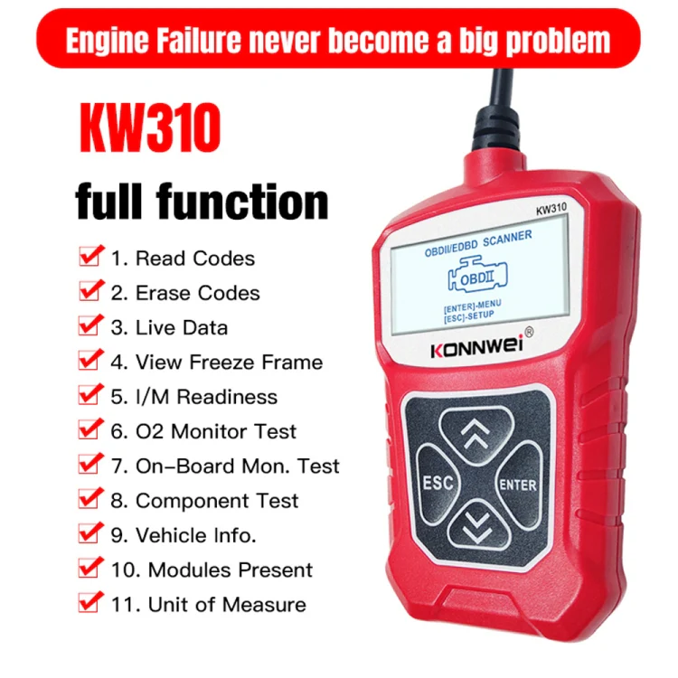 KONNWEI KW310 OBD Car Fault Detector Code Reader ELM327 OBD2 Scanner Diagnostic Tool(Red) - Image 9