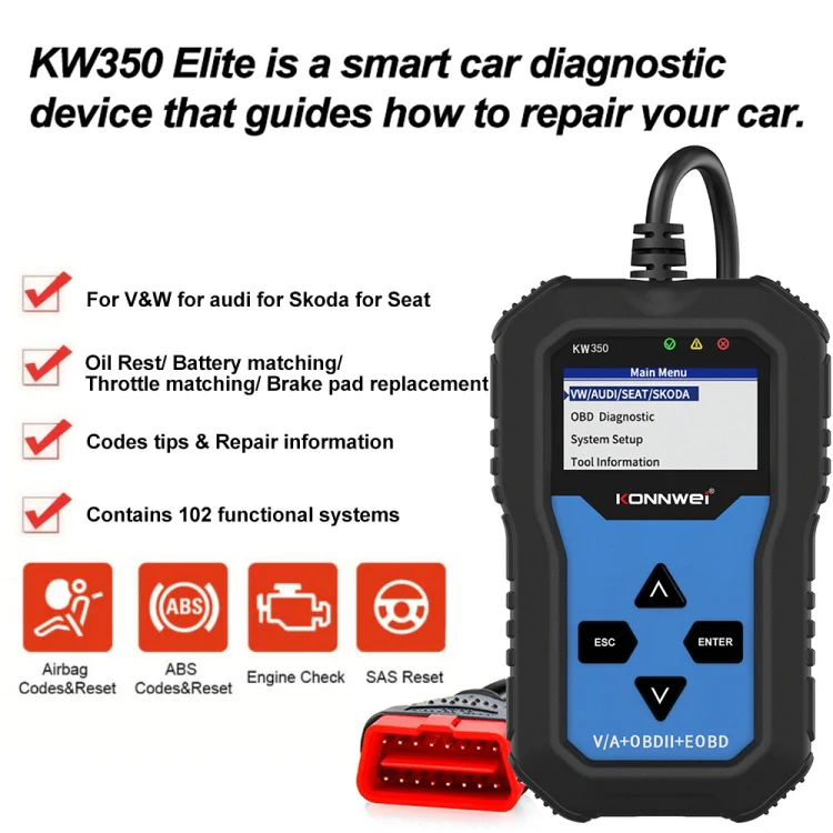 KONNWEI KW350 OBDII 12V Car Diagnostics Detector Scanner with 2 inch Black And White Display Screen V007 for Audi / Volkswagen - Image 10