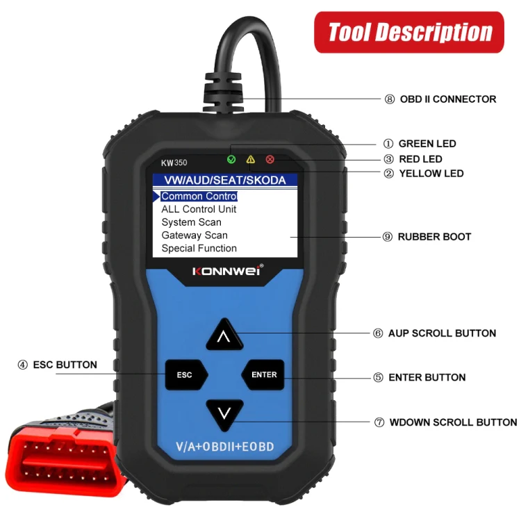 KONNWEI KW350 OBDII 12V Car Diagnostics Detector Scanner with 2 inch Black And White Display Screen V007 for Audi / Volkswagen - Image 11