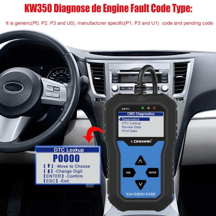 KONNWEI KW350 OBDII 12V Car Diagnostics Detector Scanner with 2 inch Black And White Display Screen V007 for Audi / Volkswagen - Image 14