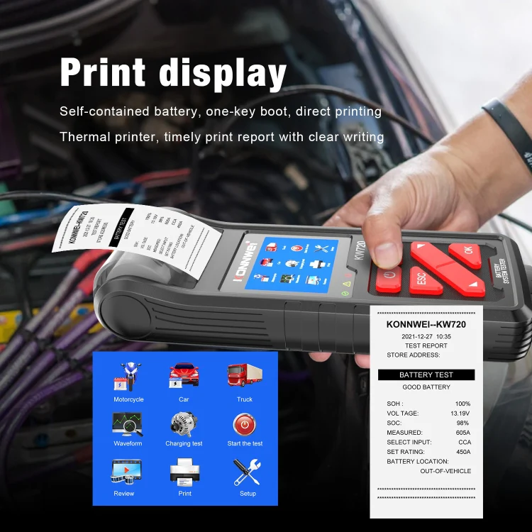 KONNWEI KW720 Car 3.2 inch 6V-24V Lead-acid Battery Tester with Printer - Image 4
