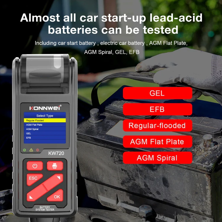 KONNWEI KW720 Car 3.2 inch 6V-24V Lead-acid Battery Tester with Printer - Image 6