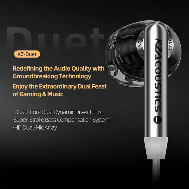 KZ-Duet Quad-core Dual Dynamic Driver 1.2m Wired Earphones, Color: Black Standard 3.5mm - Image 2