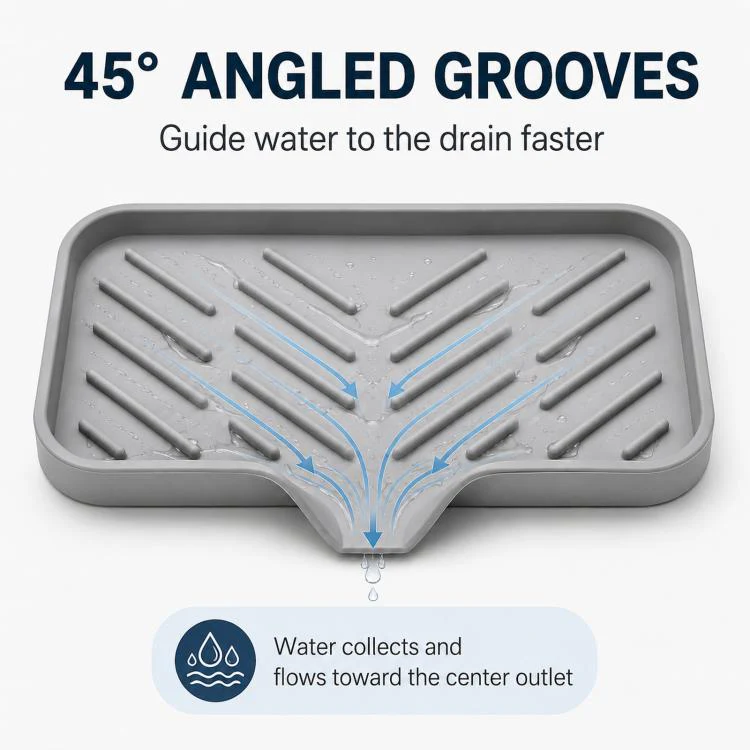 Large Silicone Sponge Holder for Kitchen Bathroom Sink 5-Degree Slanted Sink Tray with Drain Spout(Gray) - Image 4