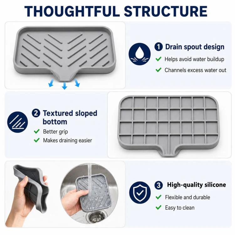 Large Silicone Sponge Holder for Kitchen Bathroom Sink 5-Degree Slanted Sink Tray with Drain Spout(Gray) - Image 6
