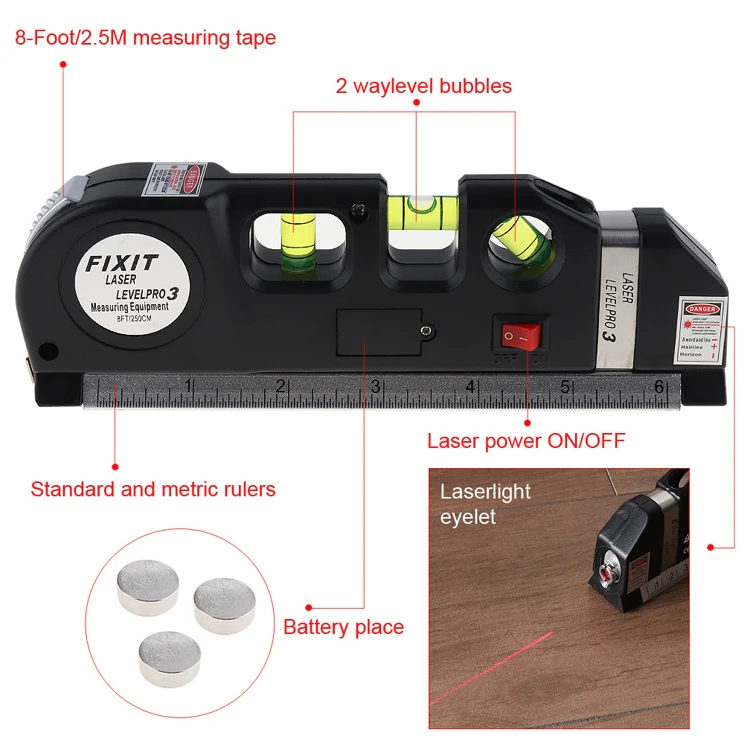 Laser Level with Tape Measure Pro 3 (250cm), LV-03(Black) - Image 4