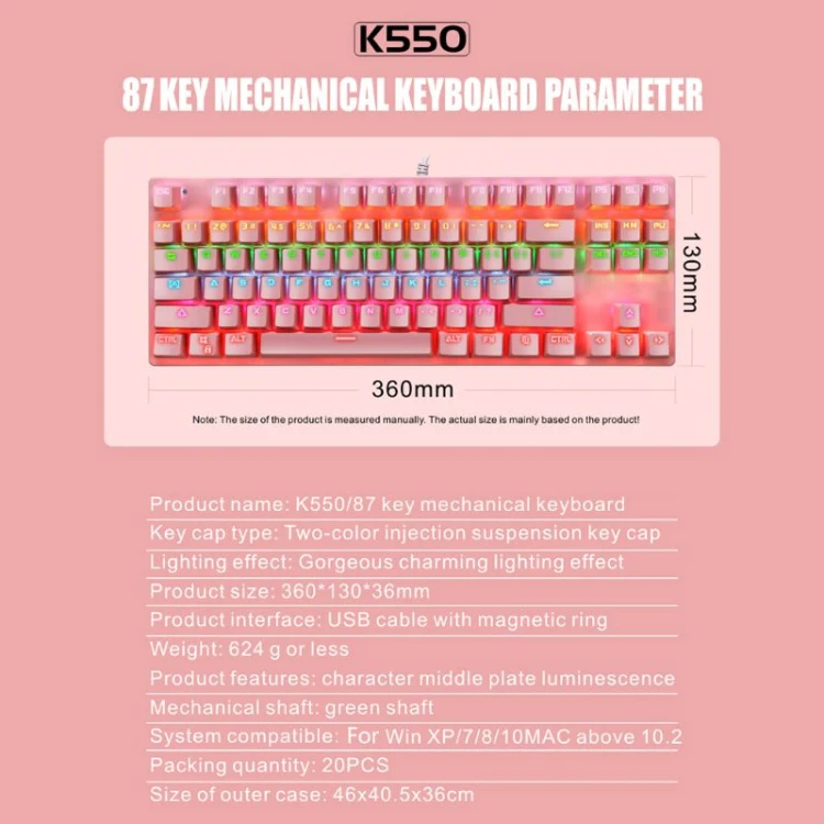 LEAVEN K550 87 Keys Green Shaft Gaming Athletic Office Notebook Punk Mechanical Keyboard, Cable Length: 1.8m(Black) - Image 9