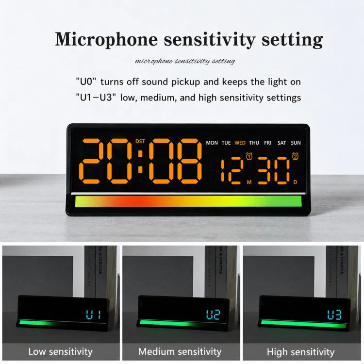 LED Digital Alarm Clock with Sound-Activated RGB Light Large Display with Date/Day/Temperature Support USB Output(5536 Wood Grain) - Image 6