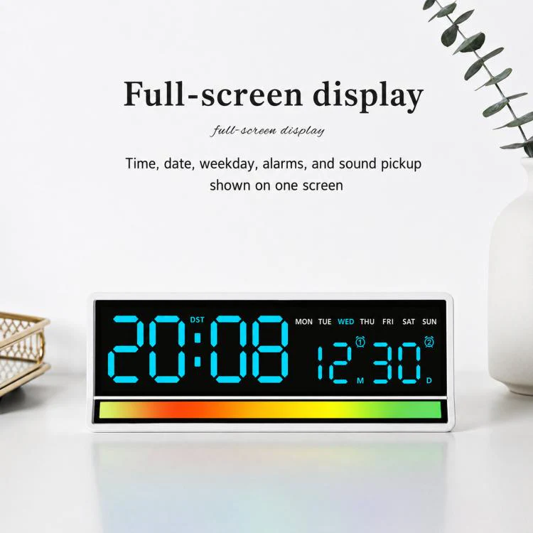LED Digital Alarm Clock with Sound-Activated RGB Light Large Display with Date/Day/Temperature Support USB Output(6675 White+Green) - Image 3