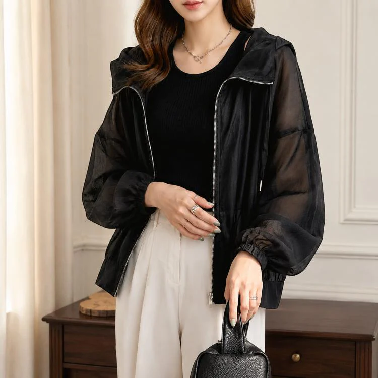 Lightweight Hooded Sun Protection Women Coat, Size:Free Size(Black)