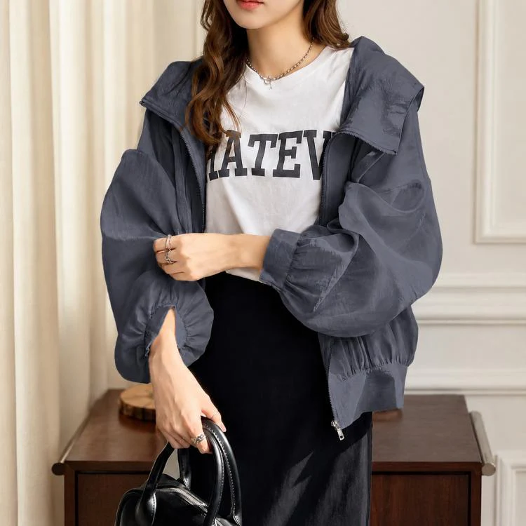 Lightweight Hooded Sun Protection Women Coat, Size:Free Size(Navy Blue)