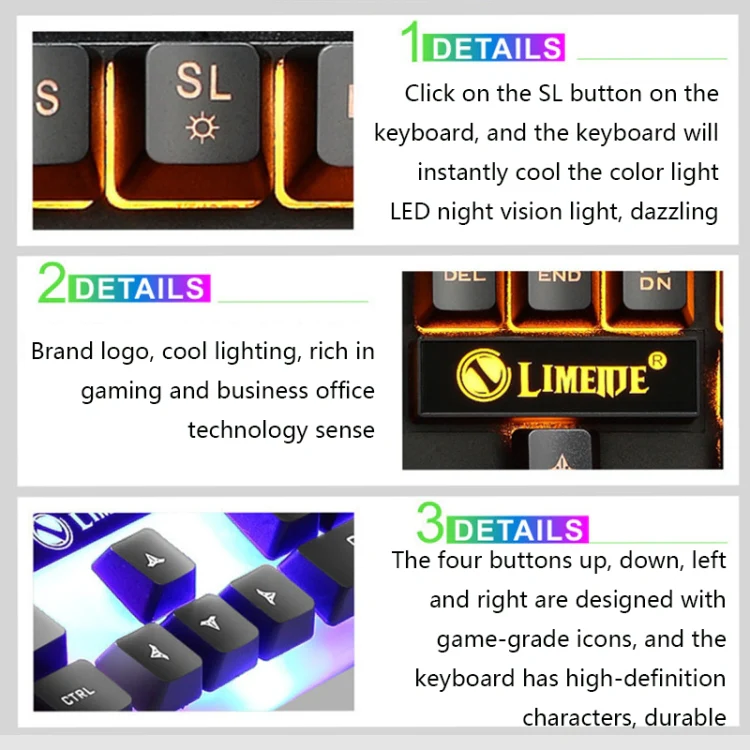 LIMEIDE GTX300 1600DPI 104 Keys USB Rainbow Suspended Backlight Wired Luminous Keyboard and Mouse Set, Cable Length: 1.4m(White) - Image 7